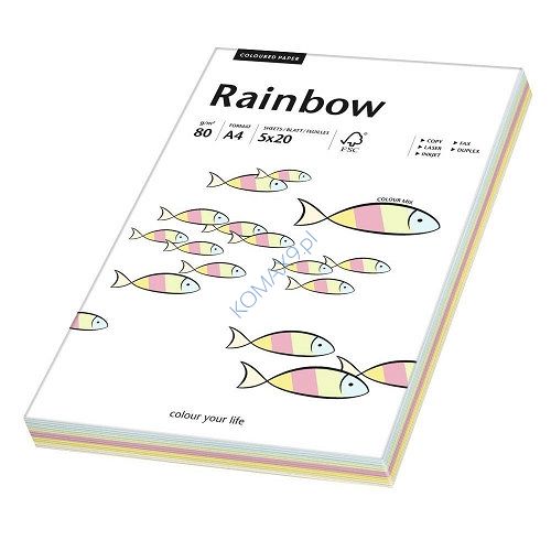 Papier kolorowy A4 80g Rainbow, kolory pastelowe, mix. 100 arkuszy