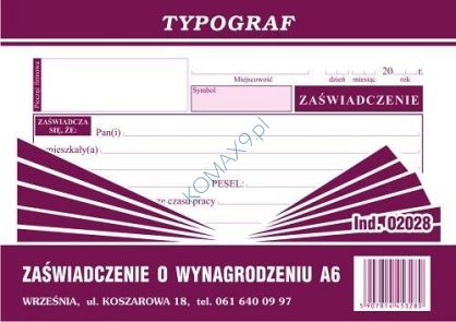 Druk Zaświadczenie o wynagrodzeniu A6 T02028 