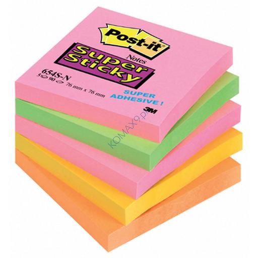 Karteczki samoprzylepne 76x76mm 3M Post-it 654S-N Super Sticky, kolor neon, 5x90 kartek