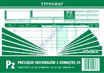 Druk PZ przyjęcie materiału  A-5 samokopia   T01182 