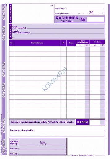 Druk Rachunek dla zwolnionych z VAT A5 (pion) 233-3 MiP