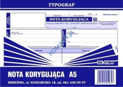 Druk Nota korygująca A5 samokopia T01064 