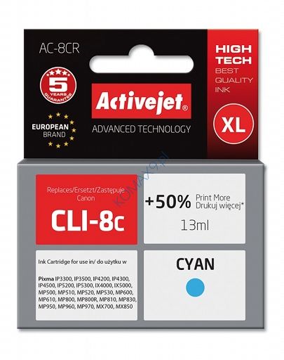 Tusz Canon CLI-8 cyan, zamiennik ActiveJet poj.13 ml. AC-8CR